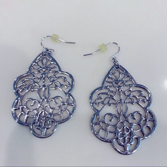 Silver Stencil Chandelier Wire Hook Drop Earrings - Picture 1 of 4